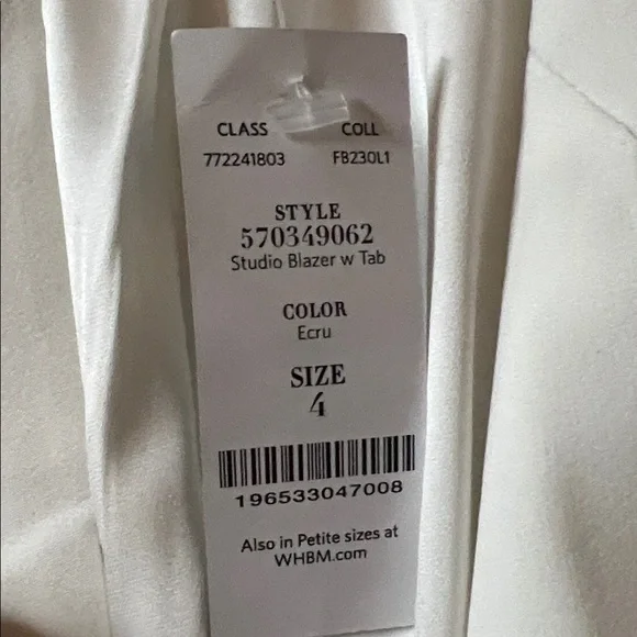 NWT - WHBM Studio Blazer with Tab.  Ecru Size 4 - Picture 3 of 5